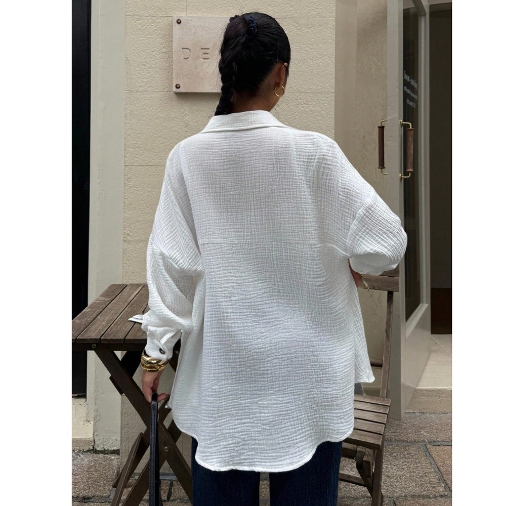Cotton White Casual Shirt  Button Down Up Long Sleeve - Picture 9 of 16
